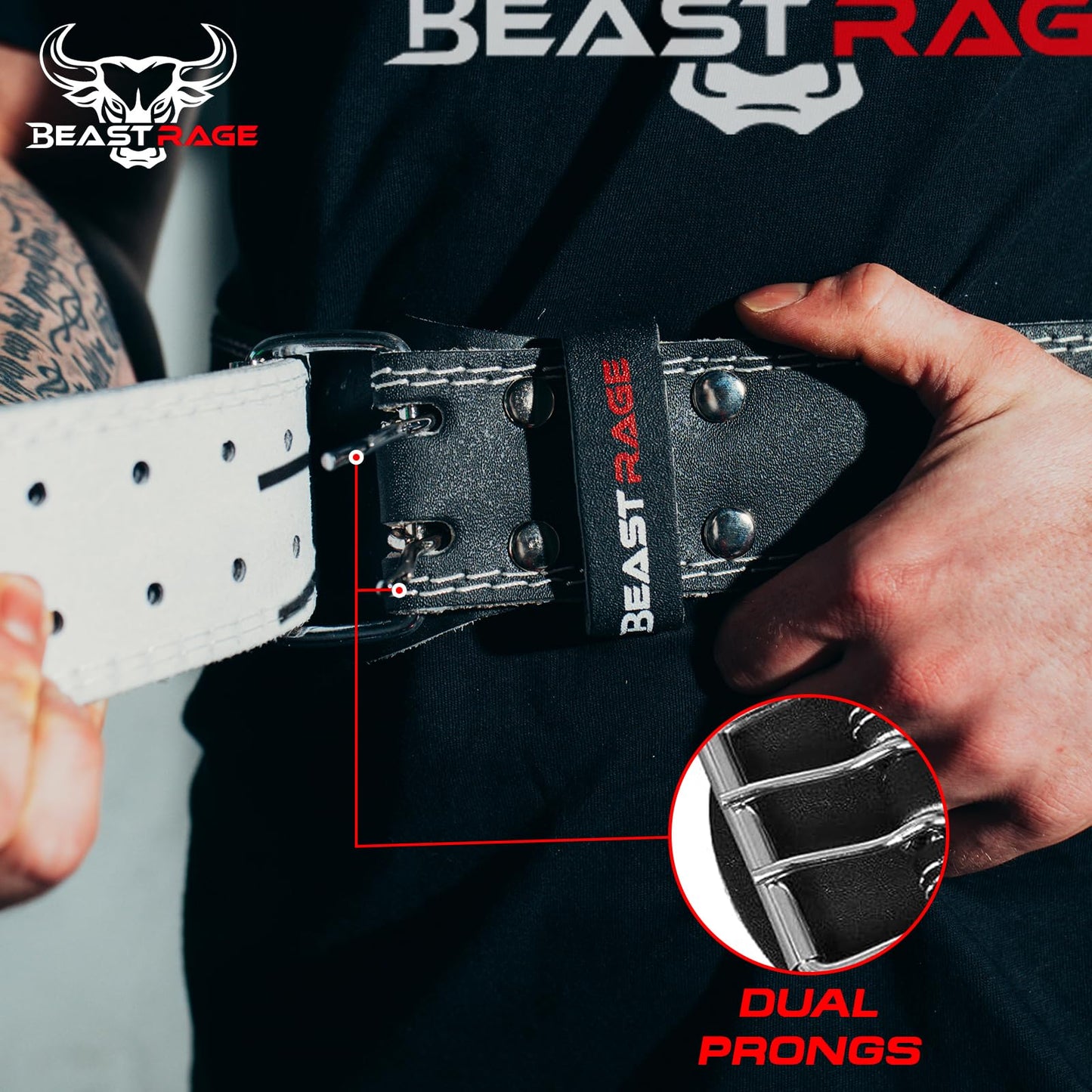 BEAST RAGE Weight Lifting Belt Leather Heavy Duty Gym Body Building Workout Training Weight Lifting Belt Adjustable Holes 4” Padded Lumbar Back Support Exercise Powerlifting Fitness Strength