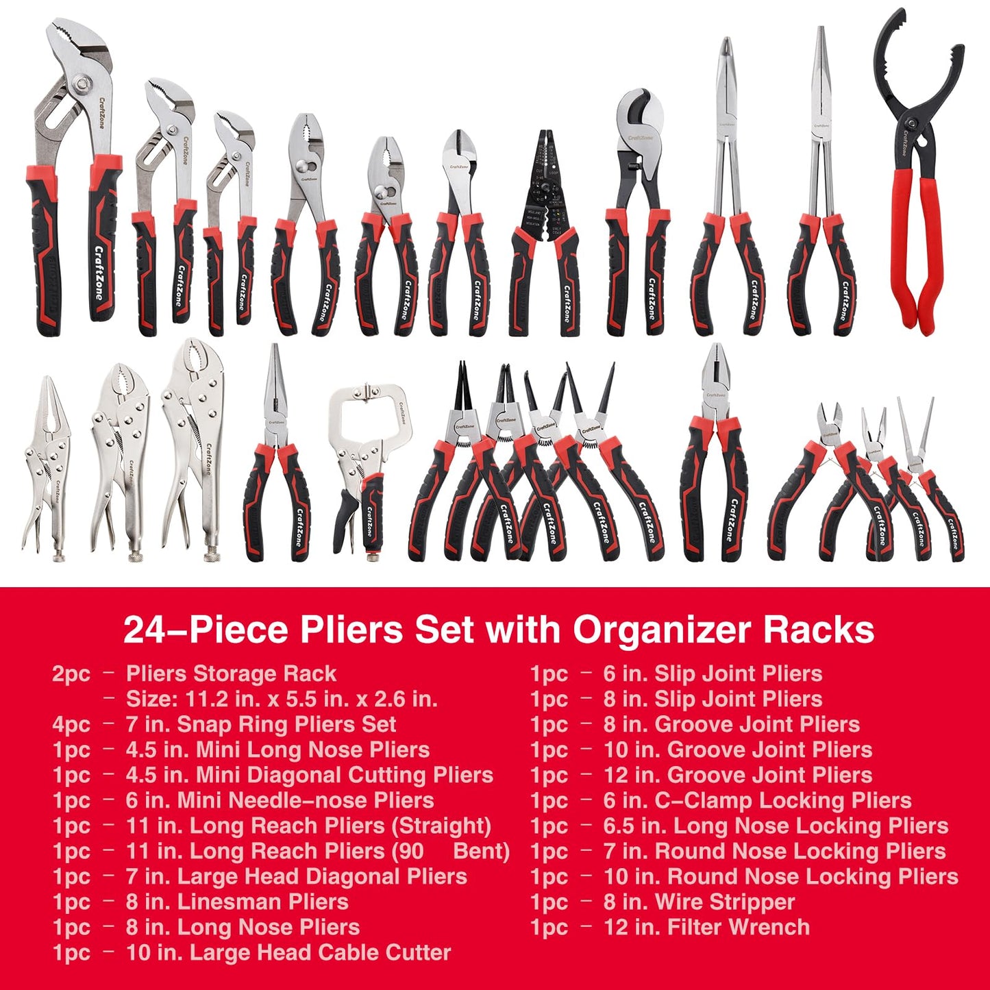 24 Piece Professional Pliers Tool Set with Storage Rack, Snap Ring, Needle Nose, Long Reach, Lineman's, Groove Joint and Diagonal Cutting Pliers, Cable Cutter, Wire Stripper and Filter Wrench