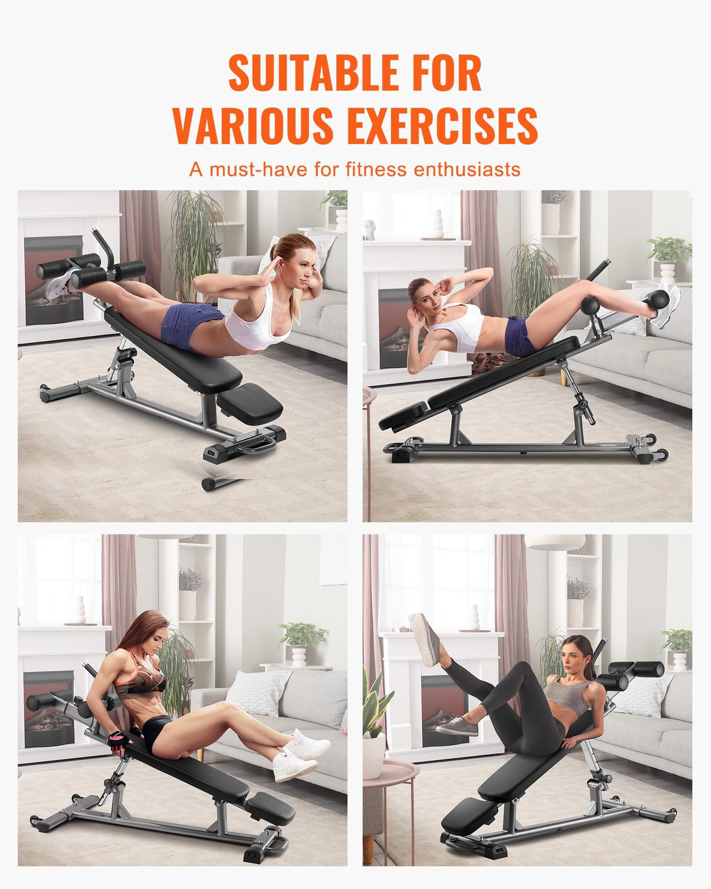 VEVOR Sit Up Bench, Decline Ab Bench with Reverse Crunch Handle, with 4 Adjustable Height Settings, Heavy Duty Steel, 1000 Lbs Capacity, for Home Gym Workouts, Strength Training, Full Body Muscles