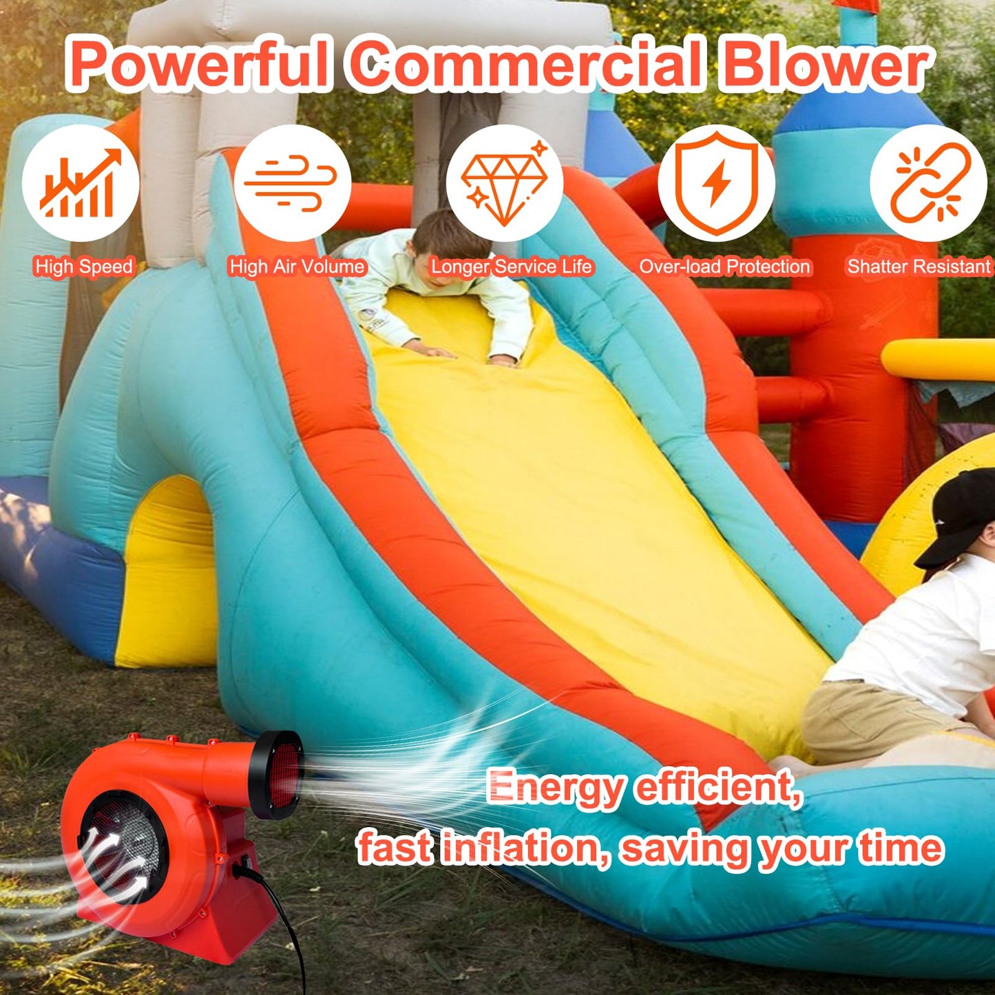 GONFLABLE Air Blower, 1100Watt/1.5HP Powerful Bounce House Blower, Portable Fan Pump Commercial for Large Inflatables, Water Slides, Castle, Jump Slides, Holiday Decorations