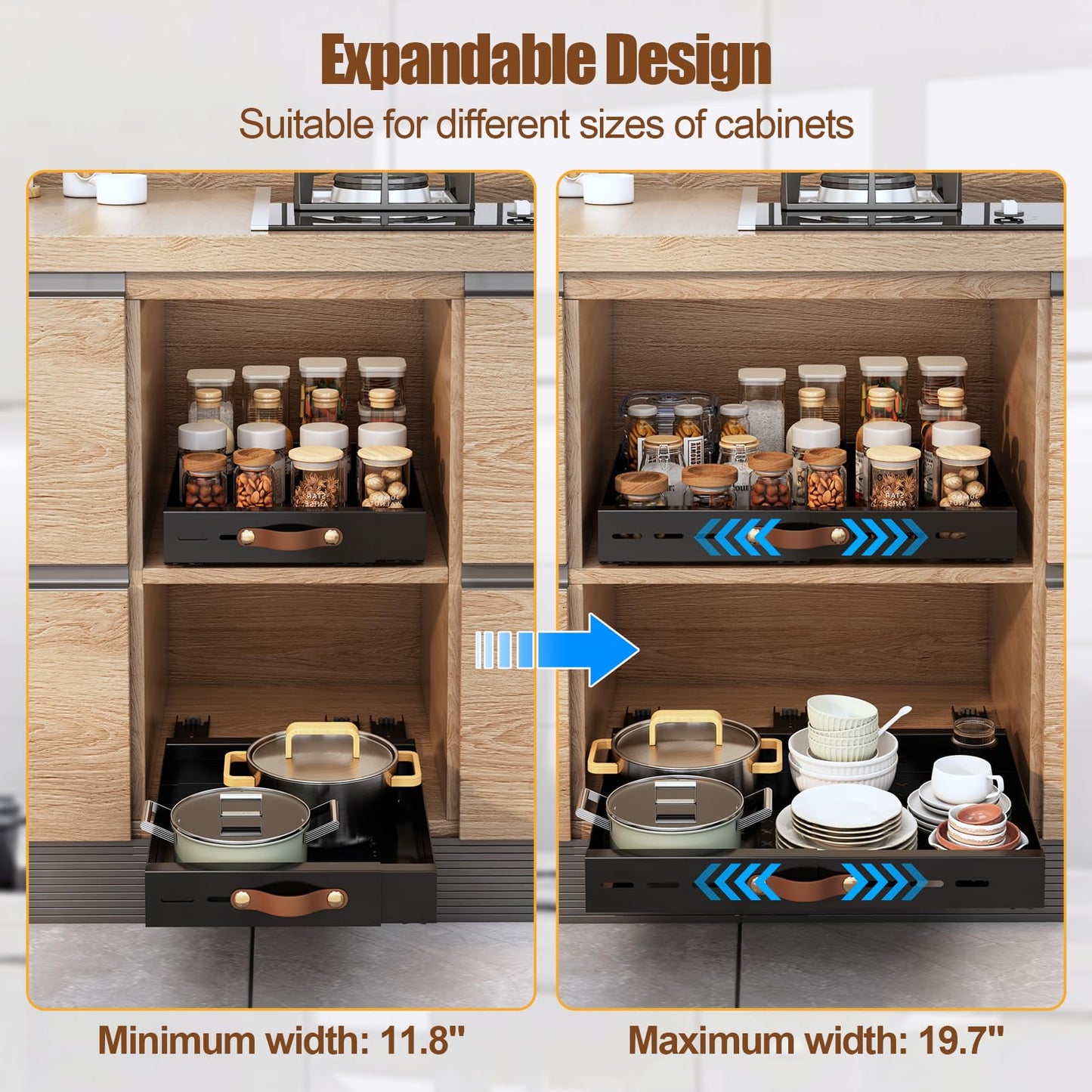 Livofloral Pull Out Cabinet Organizer, Expandable(11.8"-19.7" W) Slide out Drawers for Kitchen Cabinets Fixed with Adhesive Nano Film, Pull out Shelves for Kitchen Pantry Organization, Black, 1 Pack