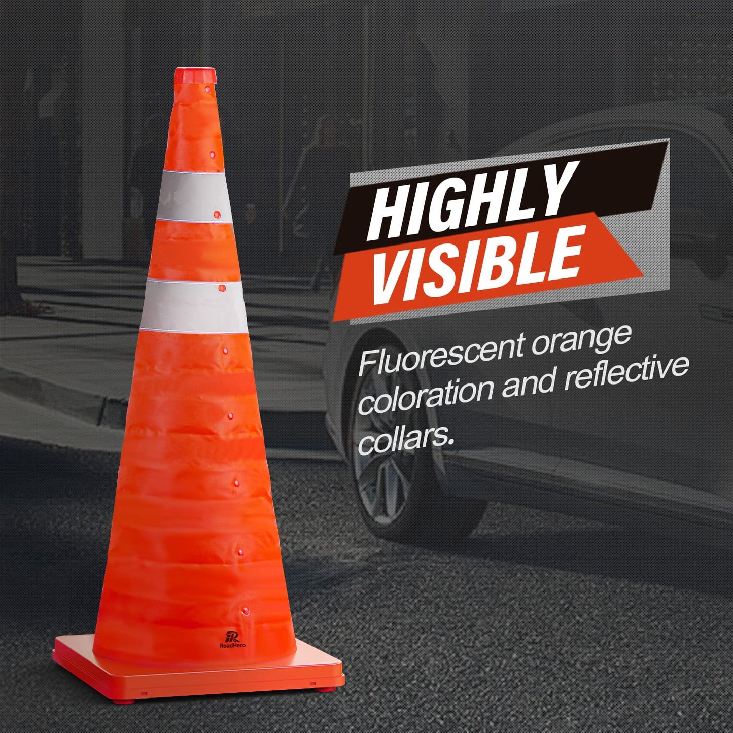 RoadHero 28 Inch 20 Pack Collapsible Traffic Safety Cones, Multi Purpose Pop-up Cones with Reflective Collar for Road Safety, Orange Cones for Driving Training, Parking Lots