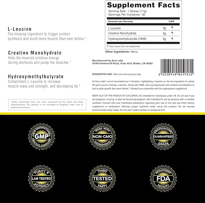 L-CREATINE Supplement: Creatine Monohydrate w/Leucine Amino Acid and HMB – Supports Muscle Mass, Strength, Recovery & Performance + Reduce Fat – Vegan, 11oz (330g) Powder
