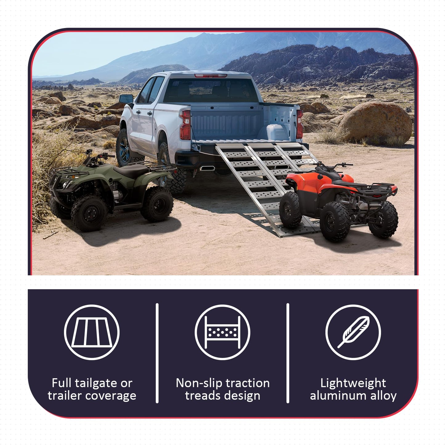 PENSUN Tri-Fold Ramps with Treads, Full Width Aluminum Loading Ramps with Load Straps, Manual Welding Ramp for Motorcycles, ATVs, Trucks, Snow Blowers with 1600Ibs Max Load /535lbs per Section