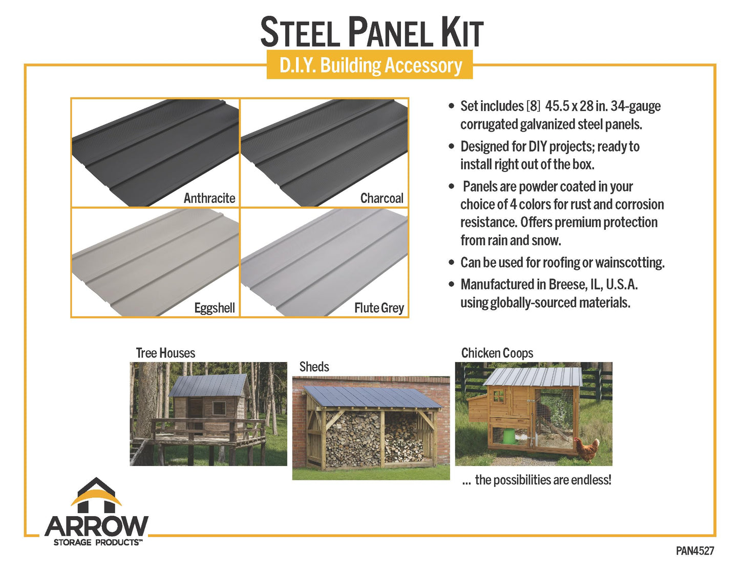 Arrow Set of 8 Galvanized Steel 2x4 Ft Corrugated Metal Panels for DIY Shed, Garage, Carport, and Mobile Home Projects, Made in USA, Anthracite