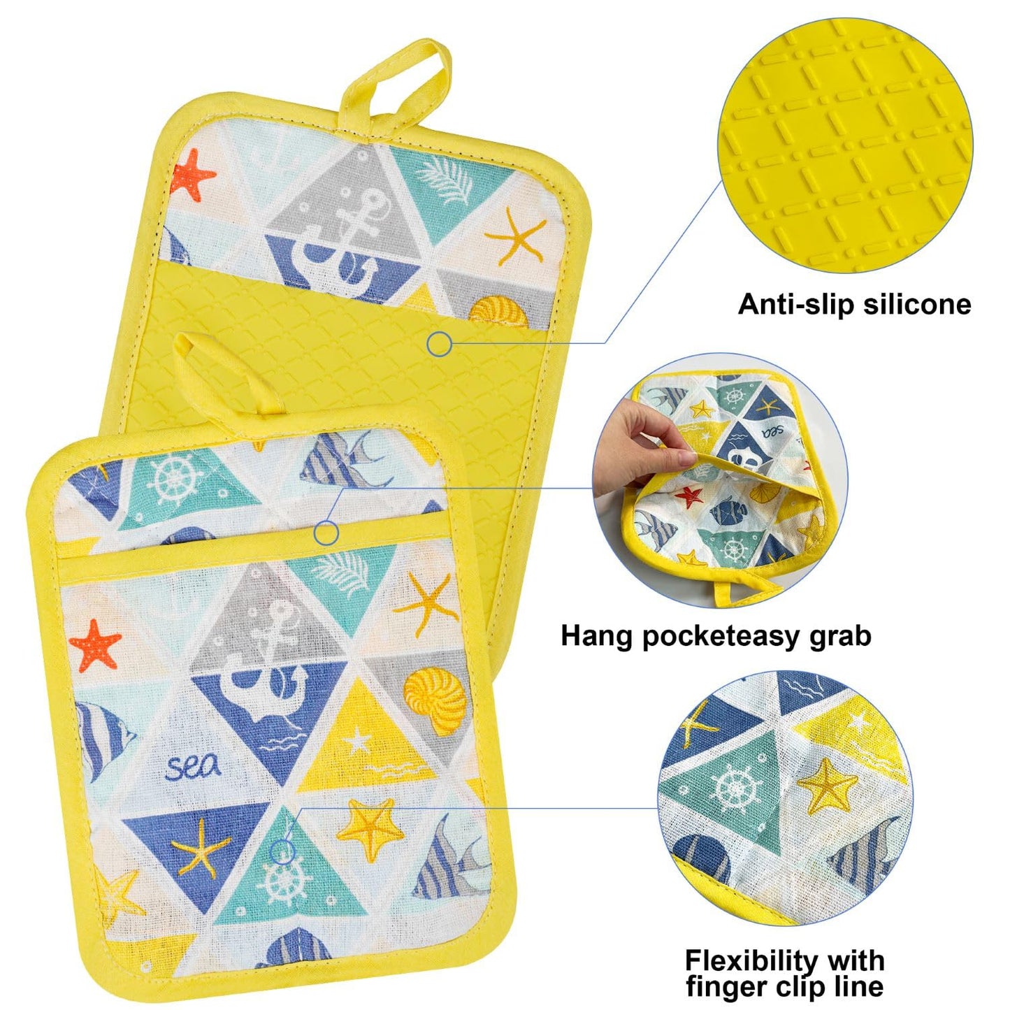 Alselo Oven Mitts and Pot Holders with Chef Apron,Set of 5 Heat Resistant Kitchen Gloves and Silicone Non-Slip Potholders Adjustable Neck Buckle Apron, Cotton Nice Design for Cooking (Sea Fish)