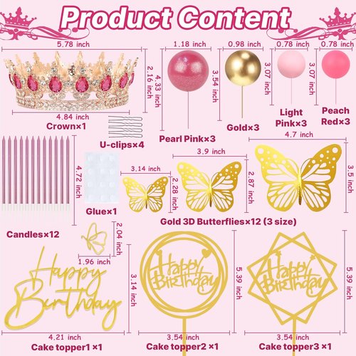 AMZVALU Crown Cake Topper Set - 3 Happy Birthday Decorations with Candles & Butterflies | Rose Gold & Pink