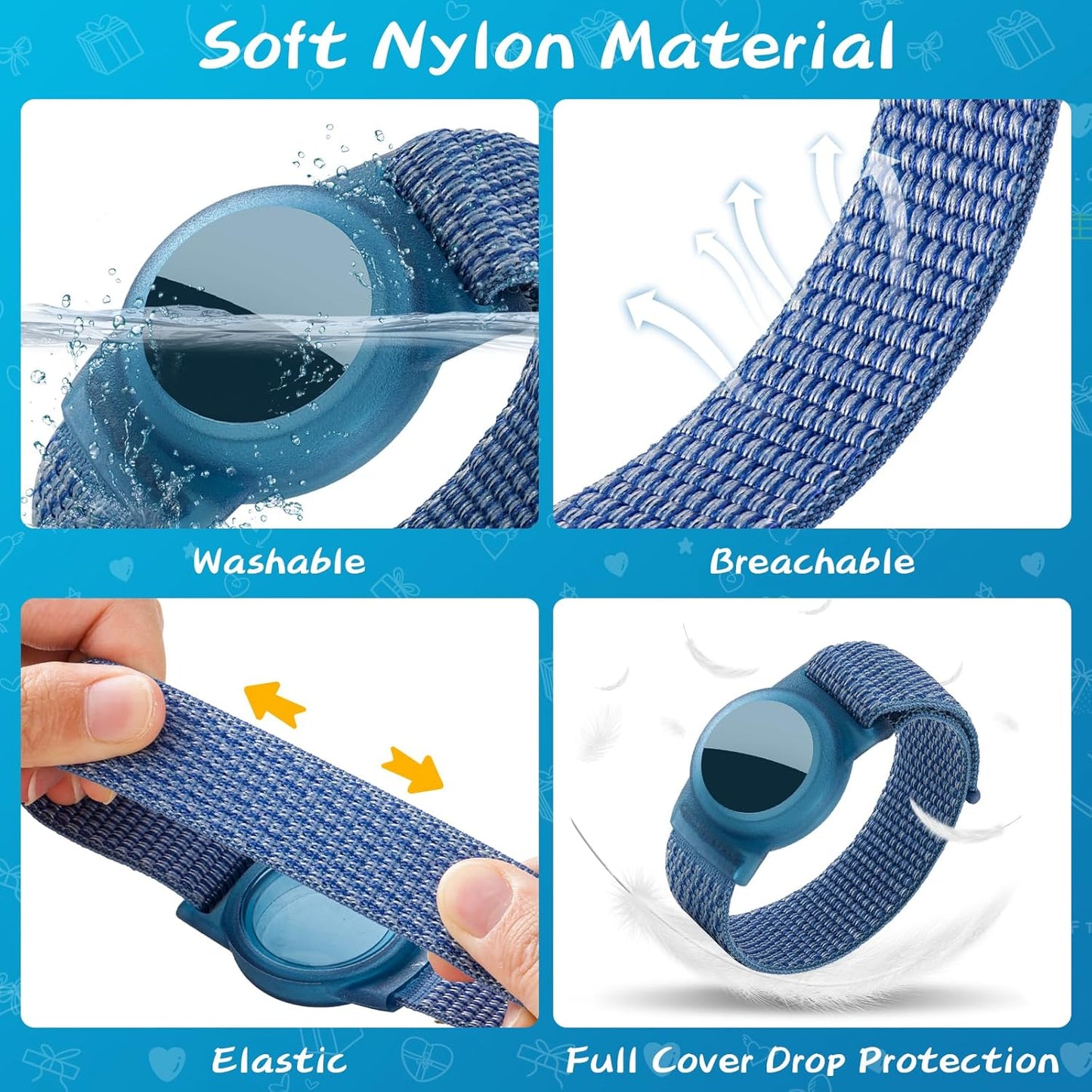 Ztobny 1 2) 4 Pack, (Black/Blue/2 Waterproof Bracelet for Airtag (Gen & Kids Soft Nylon Hidden Air Tag Wristband Full