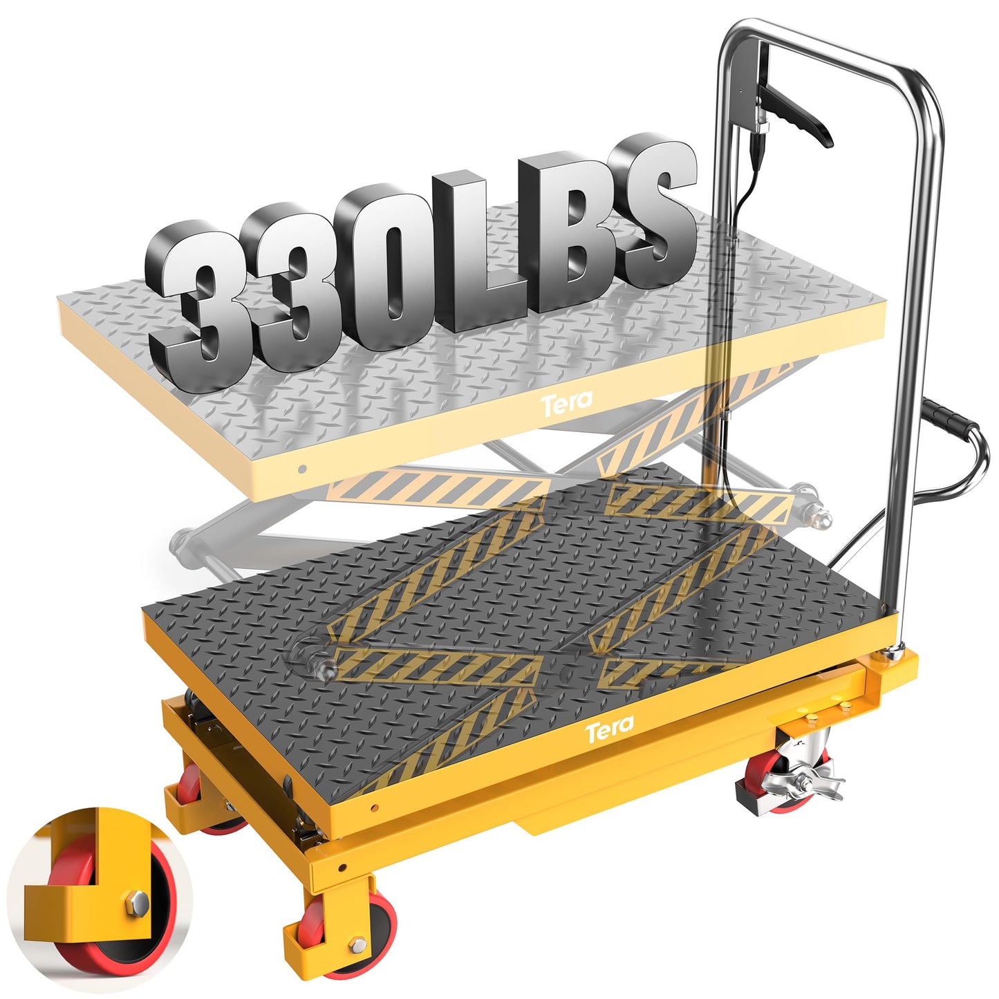 Tera Hydraulic Lift Table Cart: 330lbs Capacity 10.4"-49.6" Lift Height Manual Double Scissor Lift with Anti-Collision Wheels Non-Slip Pad & Fixing Tape for Warehouse Material Handling LT1502