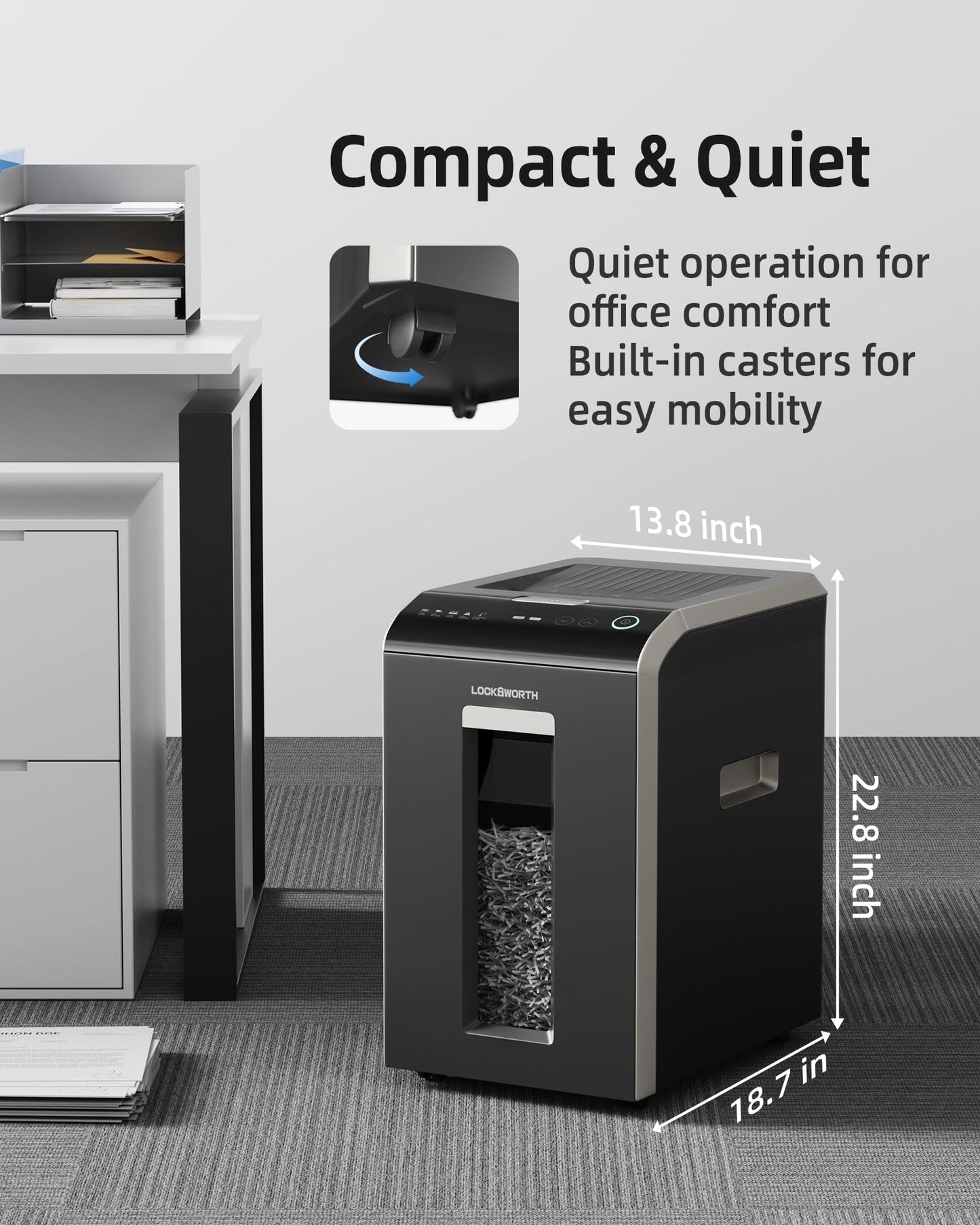 Locksworth 200-Sheet Micro Cut Shredder for Home Office, 8.5 Gallons Bin P-5 High Security Shredders for Paper, CD, Credit Card, Staple, Clip, Heavy Duty Commercial Paper Shredder with Casters