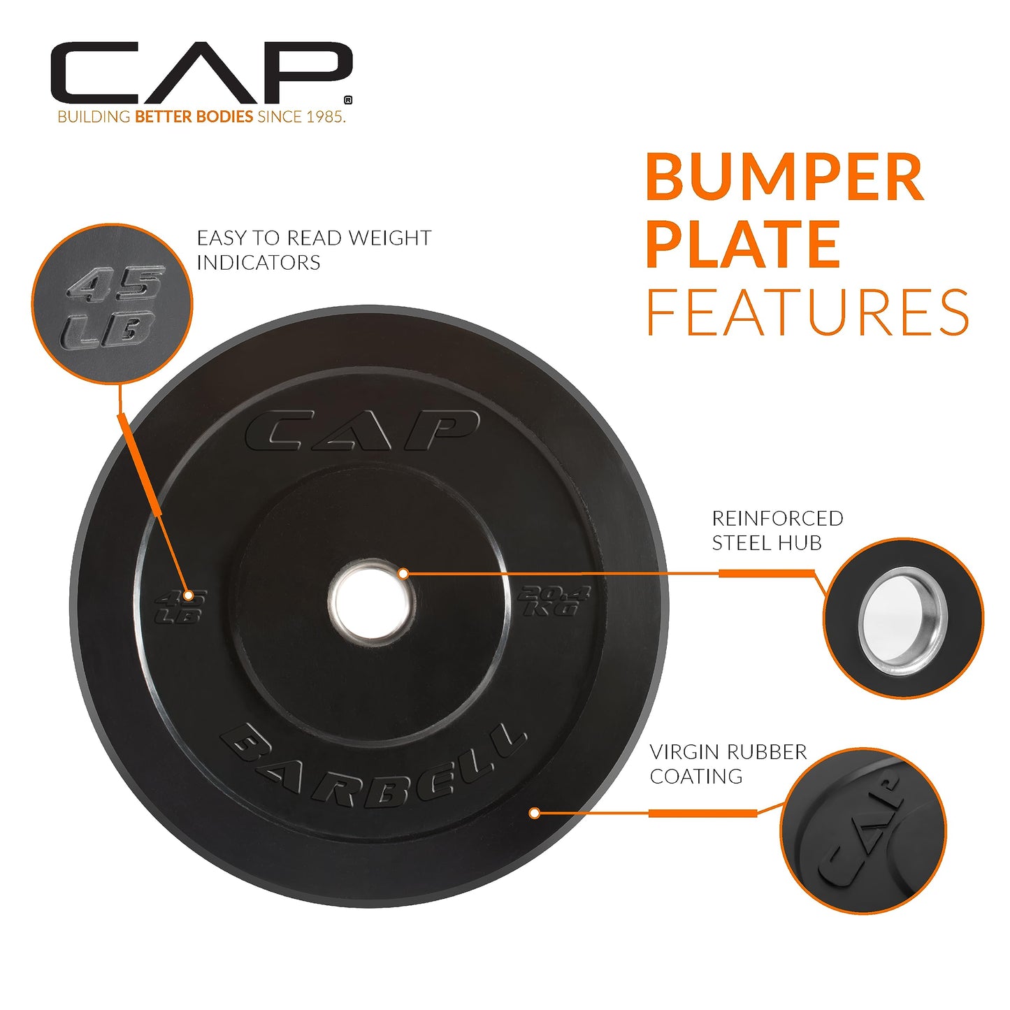 CAP Barbell Elite Olympic Bumper Plate, Black, 45 lb Single