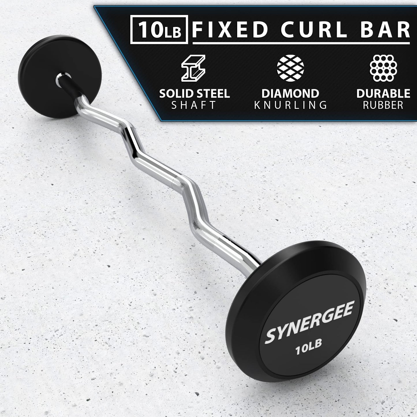Synergee Fixed 10LB Easy Curl Bar - Pre Weighted Curved Steel Bar with Rubber Weights