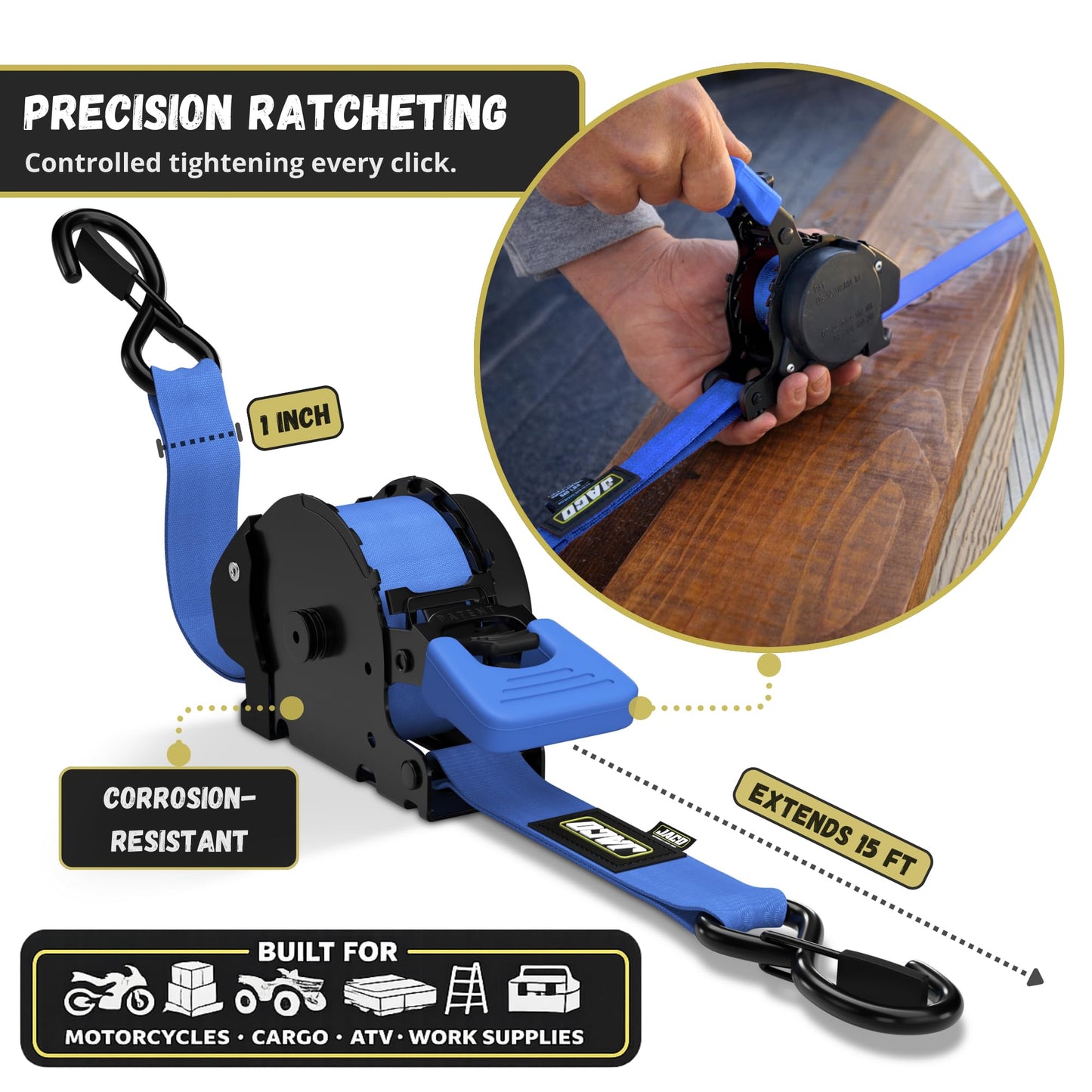 JACO Retractable Ratchet Straps - 1 in x 15 ft (4-Pack) (1,760lbs Break Strength) | Auto Self Retracting Cargo Tie Down Strap Set (Blue)