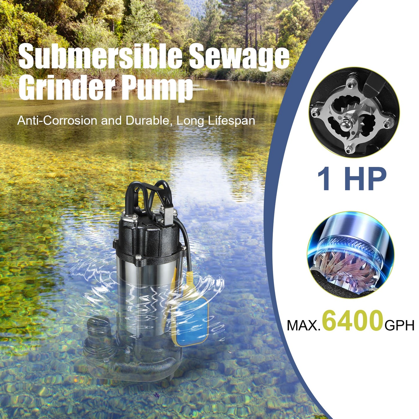 Sewage Grinder Pump, 1HP Submersible Sump Pump, 110V 6400GPH Stainless Steel Effluent Pumps with Automatic Float Switch, 2'' NPT Discharge for Basement, Sump Basin, Sewage Well