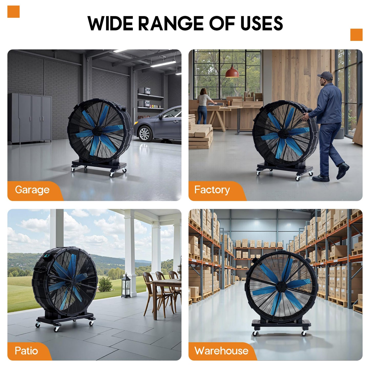 Albott 42 Inch Industrial Drum Fan, 750W High Velocity Plastic Floor Fan with Wheels and 3 Speeds, 17,660 CFM Strong Airflow for Commercial Space, Garage, Workshop, Warehouse, Factorie, and Basement