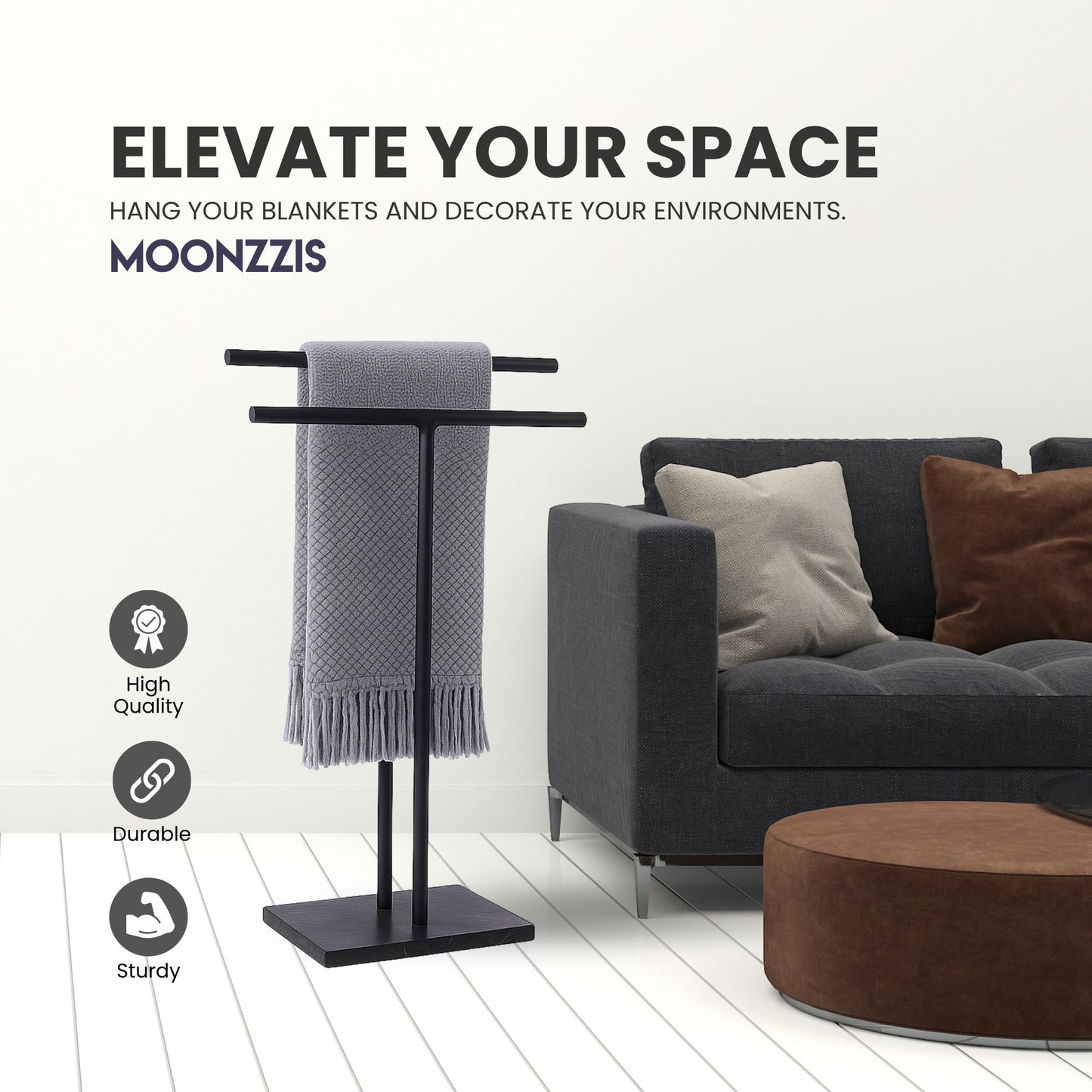 MOONZZIS 40" Standing Towel Rack - Floor Double-T Shape Bath Sheet Holder, Standing Towel Racks for Bathroom, Free Standing Towel Rack, Matte Black Finish, Marble Type Base 6.6lbs