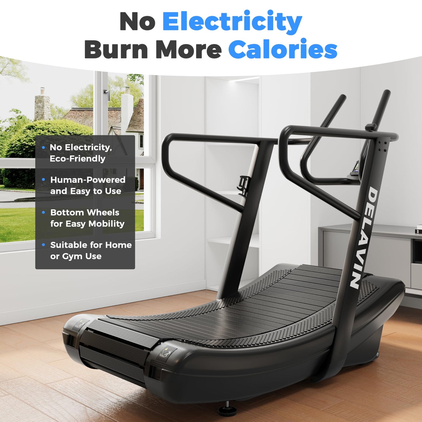 DELAVIN Curved Manual Treadmill, Non Electric Treadmill with 4 Resistance Levels, Motorless Treadmills with Front Digital Display and Handlebar, Wide Belt Treadmills 440LBS Capacity for Home Gym(FBA)