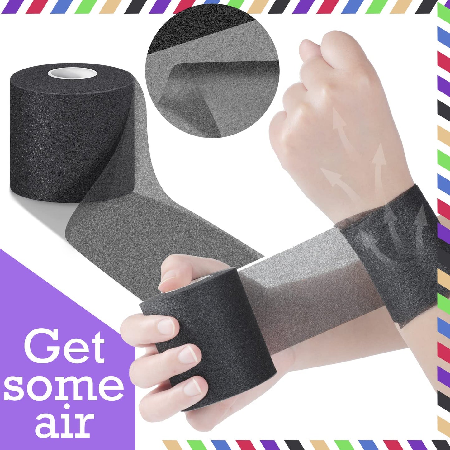 Nuanchu 24 Pieces Wrap Athletic Tape 2.75 Inches x 30 Yards Athletic Foam Underwrap Tape for Hair Soccer Sport Pre Wrap Ankles Wrists Hands and Knees(Black, White, Beige, Rose Red, Lime Green, Blue)