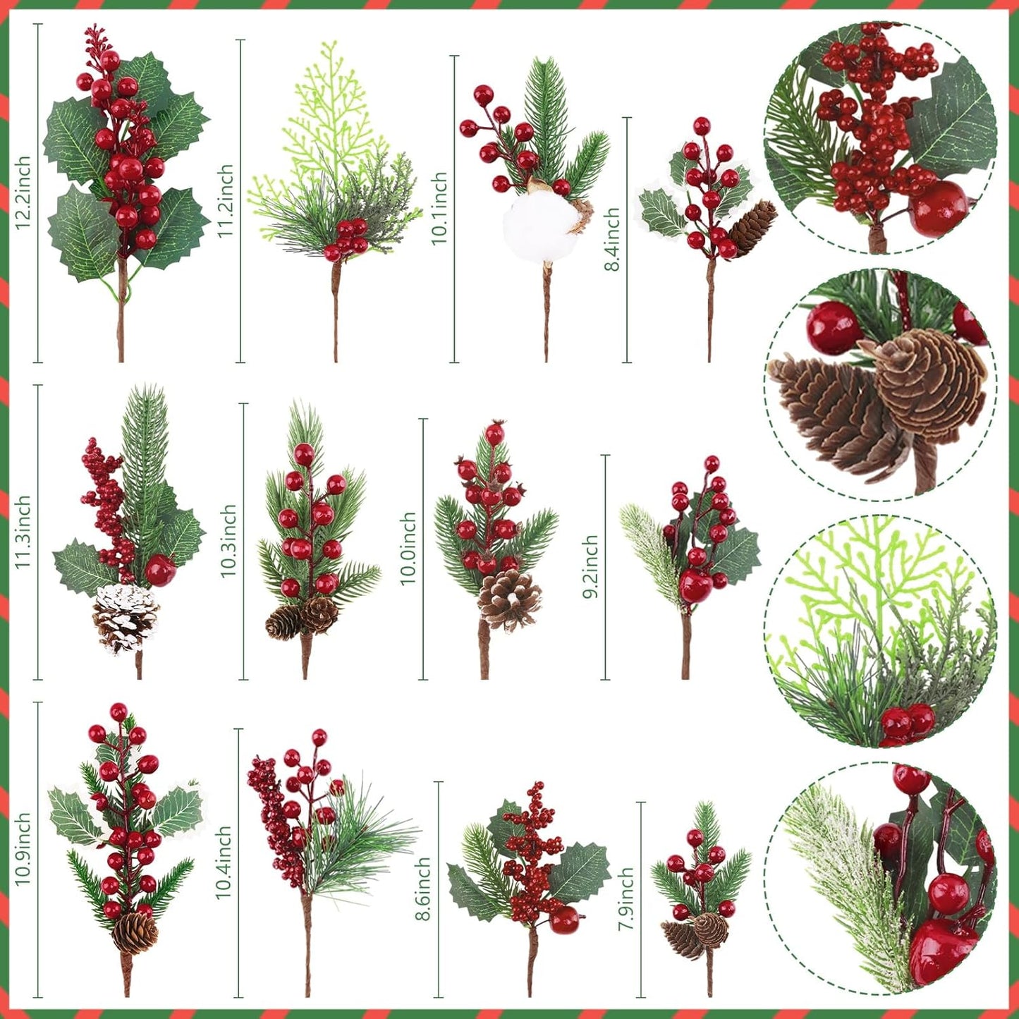 Pinecones Red Berry Picks - 12 Pcs Christmas Floral Stems for Wreaths & Tree Decor