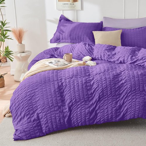 HYMOKEGE Queen Comforter Set - Dark Purple & Lavender Seersucker | 7-Piece All-Season Luxury Bedding Set