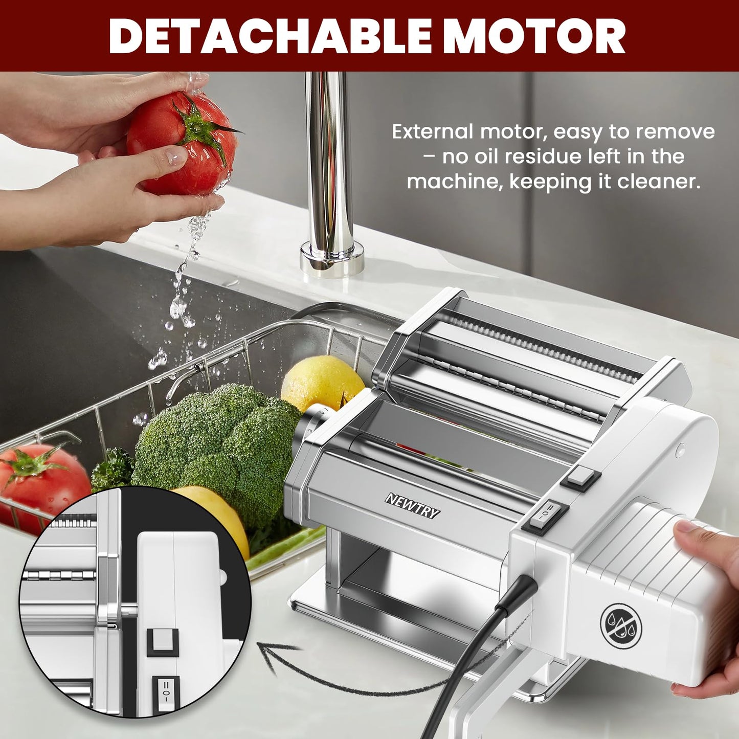 NEWTRY Electric Pasta Maker Machine Noodle Making Dough Roller Press with Detachable Motor 0.2-0.5mm Dough Sheet Thickness Adjustable 1.5mm Pasta 6mm Fettuccine Cutter 110volt for Home Use
