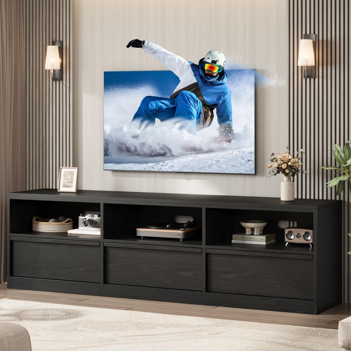 IDEALHOUSE 70" TV Stand for 75 80 Inch TV, Mid-Century Modern Entertainment Center with Storage Drawer & Open Shelves, Wood Media Console Table for Living Room & Bedroom, Black