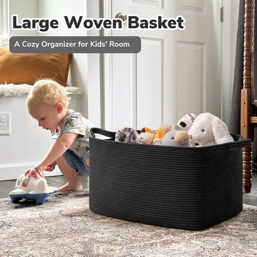 Goodpick Large Woven Blanket Basket - Stylish Storage for Toys & Laundry | 21.6" x 14.9" x 11.8" | Black