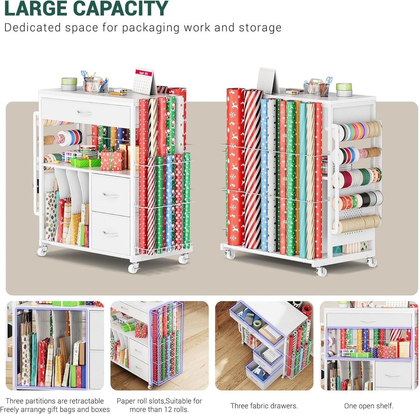 PUNLUXU Wrapping Paper Storage Cart - Rolling Gift Wrap Station with Ribbon & Gift Bag Organizer