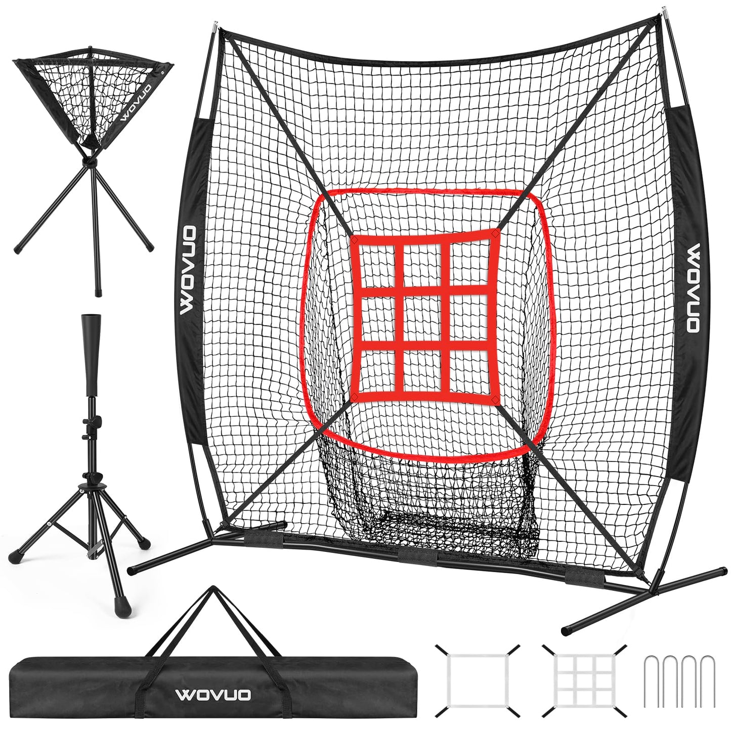 7x7 ft Baseball Net for Batting Pitching Hitting, Softball Pitching Net with Strike Zone, Tee, Ball Caddy, Softball Batting Net Baseball Training Equipment for Kids Adult Youth Sport Practice