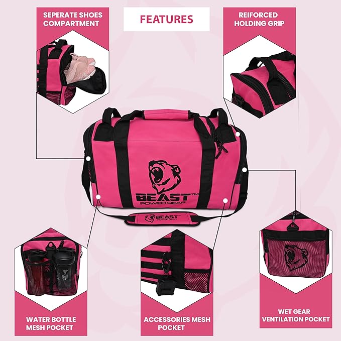 Gym Duffle Bag- Workout, Boxing, MMA, Sports Bag with Shoes Compartment and Adjustable Shoulder Strap for Men and Women (Pink/Black)