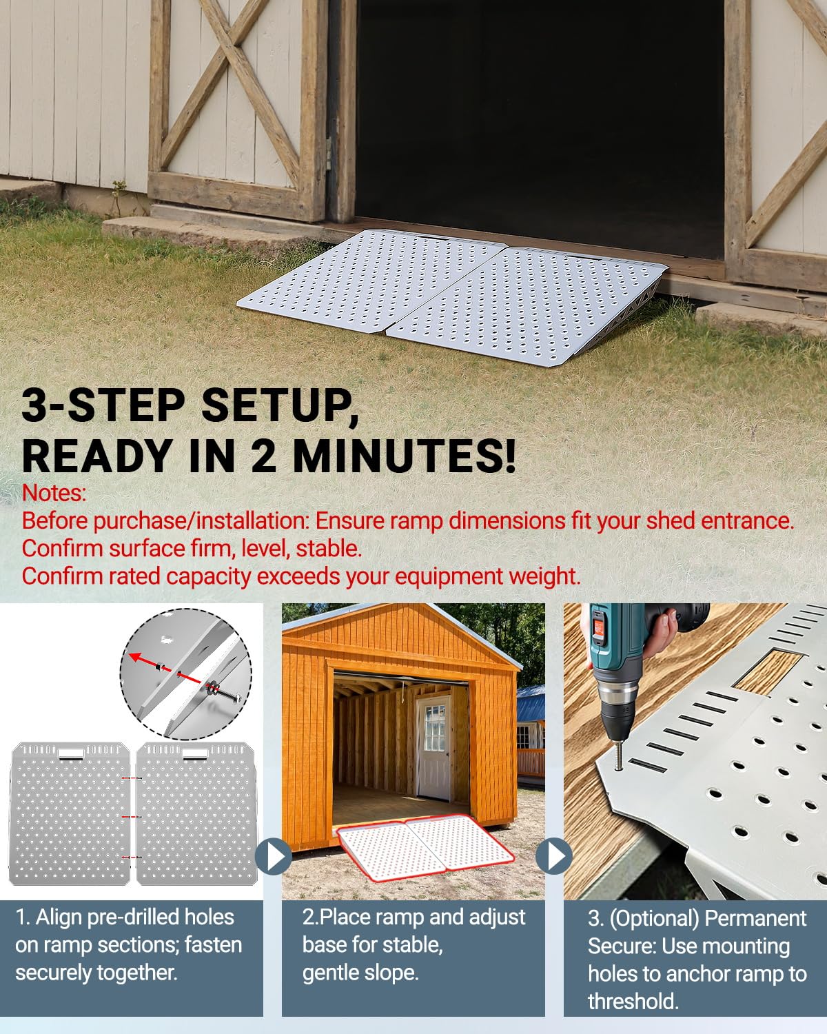 Toplamper Heavy-Duty Shed Ramp Lawn Equipment Loading Ramps for Riding Mowers Bike Motorcycle Tractor Snow Blower Garden Cart,1500lbs Capacity Anti-Slip Punch Plate, Sheds Garage Access Ramp - 2 PCS