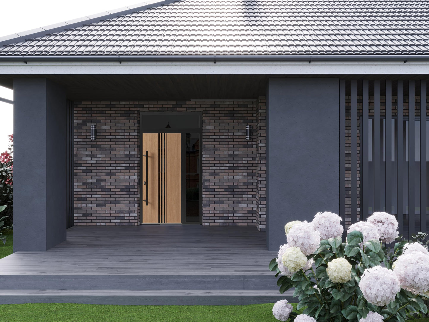 VDOMDOORS Front Exterior Prehung Steel Door/Ronex 1055 Teak/Side and Top Exterior Window Sidelite/Entry Metal Modern Painted W36+12" x H80+16" Right Hand Inswing