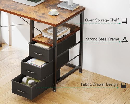 AODK 32" Small Computer Desk - Vintage Writing Desk with Fabric Drawers & Storage Shelf for Kids' Bedroom