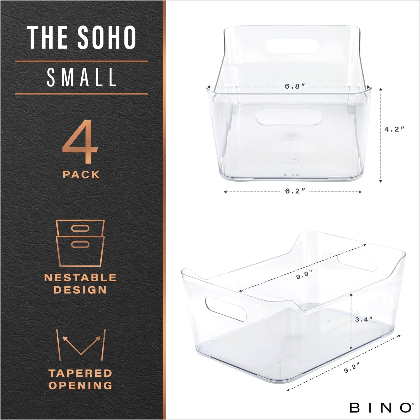 BINO | Plastic Organizer Bins, Small - 4 Pack | The SOHO Collection | Multi-Use Plastic Bin | Pantry & Freezer Organizer Bin | Storage Containers | Bins for Home & Kitchen Org