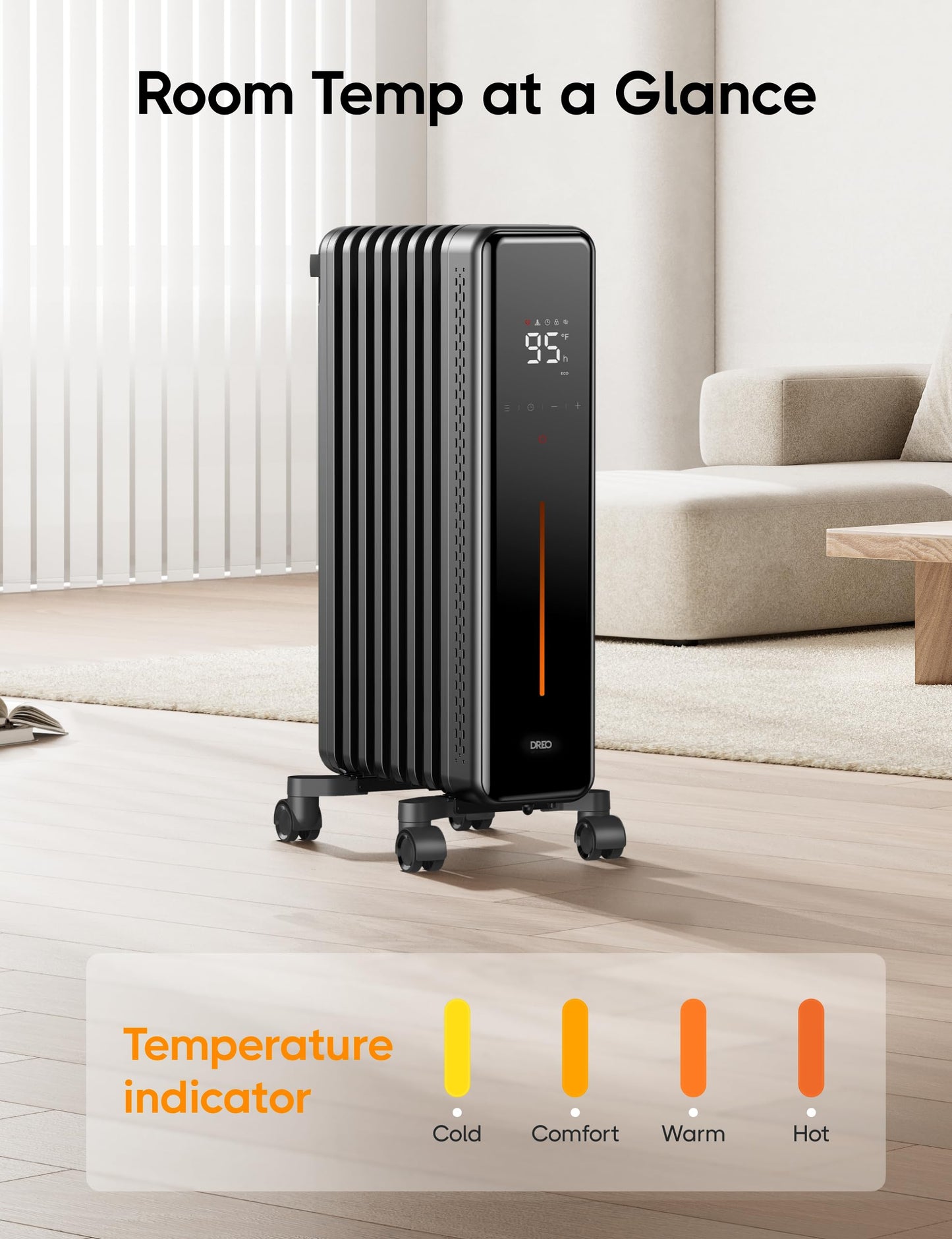 DREO Radiator Heater, 8 Safety Protection Oil Filled Radiator Heater for Indoor Use, 1500W Electric Heaters for Large Room, 8 Fins, with Remote, 4 Modes, Digital Thermostat, 24H Timer, Quiet