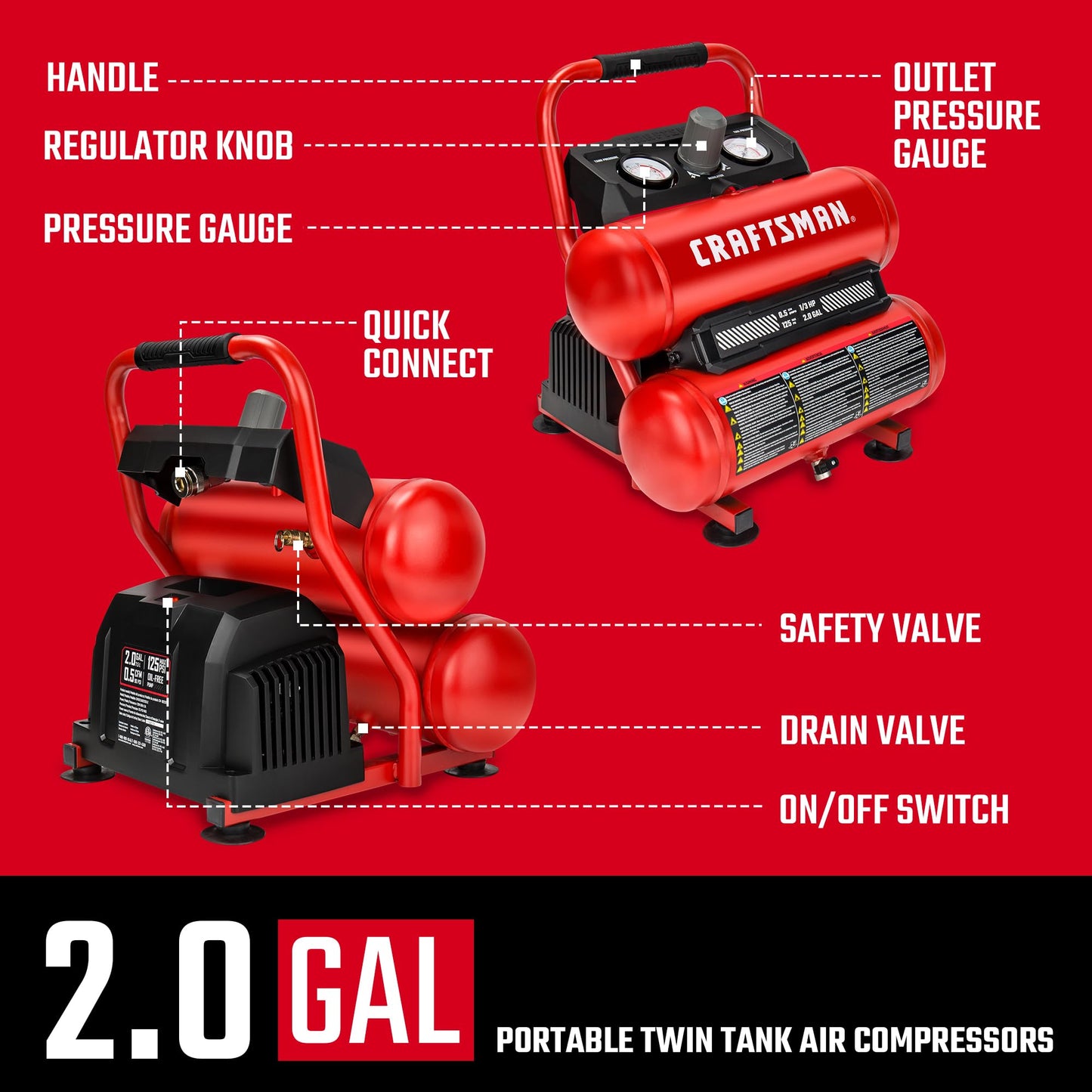 Craftsman 2-Gallon Air Compressor, 1/3 HP Oil-Free Twin Tank, 125 PSI Max – Portable & Quiet for Home DIY, Tire Inflation, Nailing & Spray Painting (Twin Stack)
