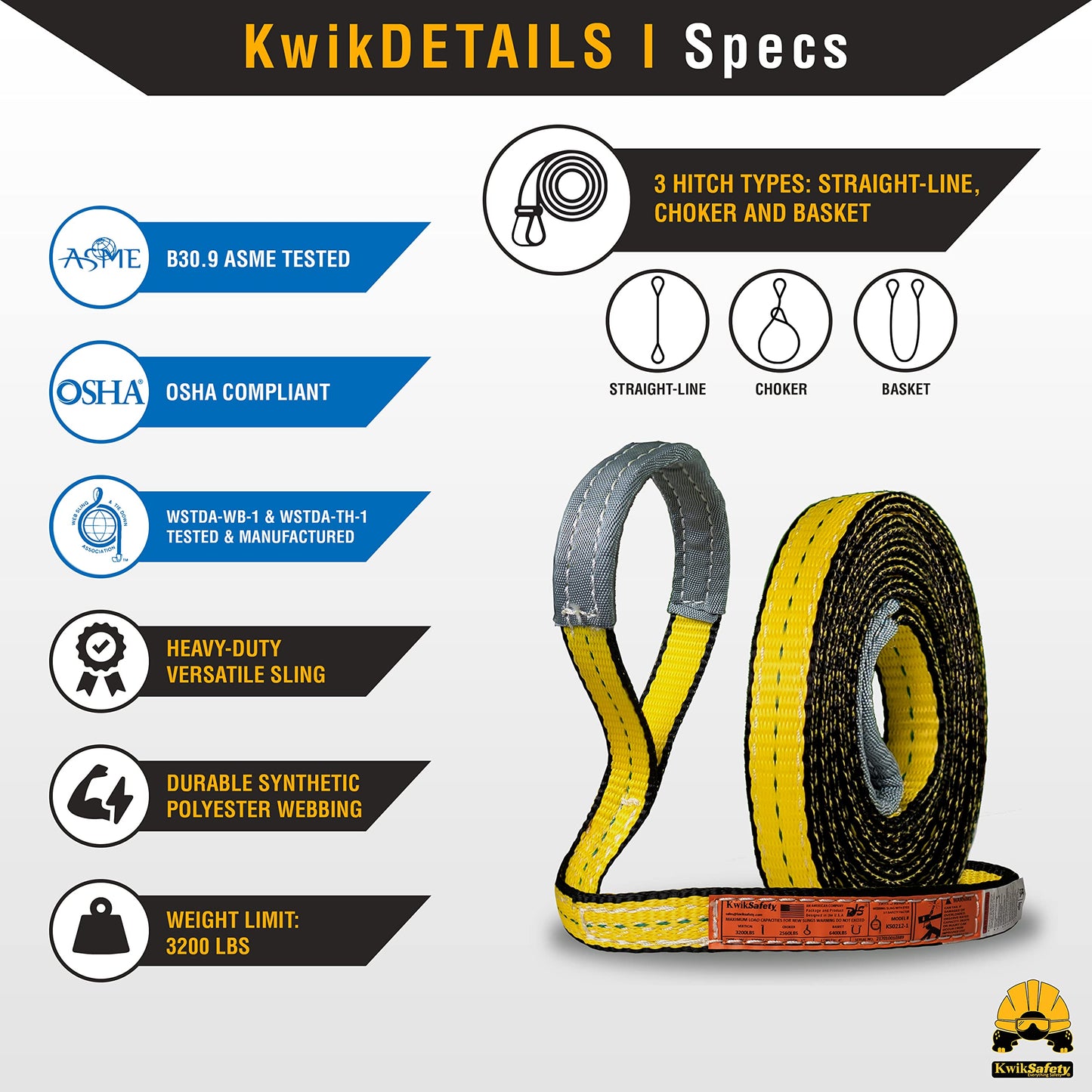 KwikSafety - Charlotte, NC - Mighty Sumo 1”x 10’ Poly Web Sling Lifting Strap Construction ASME OSHA / 3200lbs Vertical 2550lbs Choker 6400lbs Basket/Rigging Moving Towing Hoisting Gear