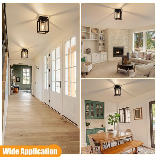 Baocuz Semi Flush Mount Ceiling Light Fixture, Black Metal Frame Porch Ceiling Light Fixture with Clear Glass Shade and E26 Ceramic Base, Farmhouse Light Fixtures for Kitchen Entryway Foyer