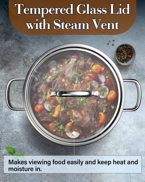 Cook N Home Stainless Steel Stockpot 8 Quart, Tri-Ply Clad Soup Pot with Glass Lid, Induction Compatible, Heavy Duty Canning Pot, Dishwasher Oven Safe, Silver