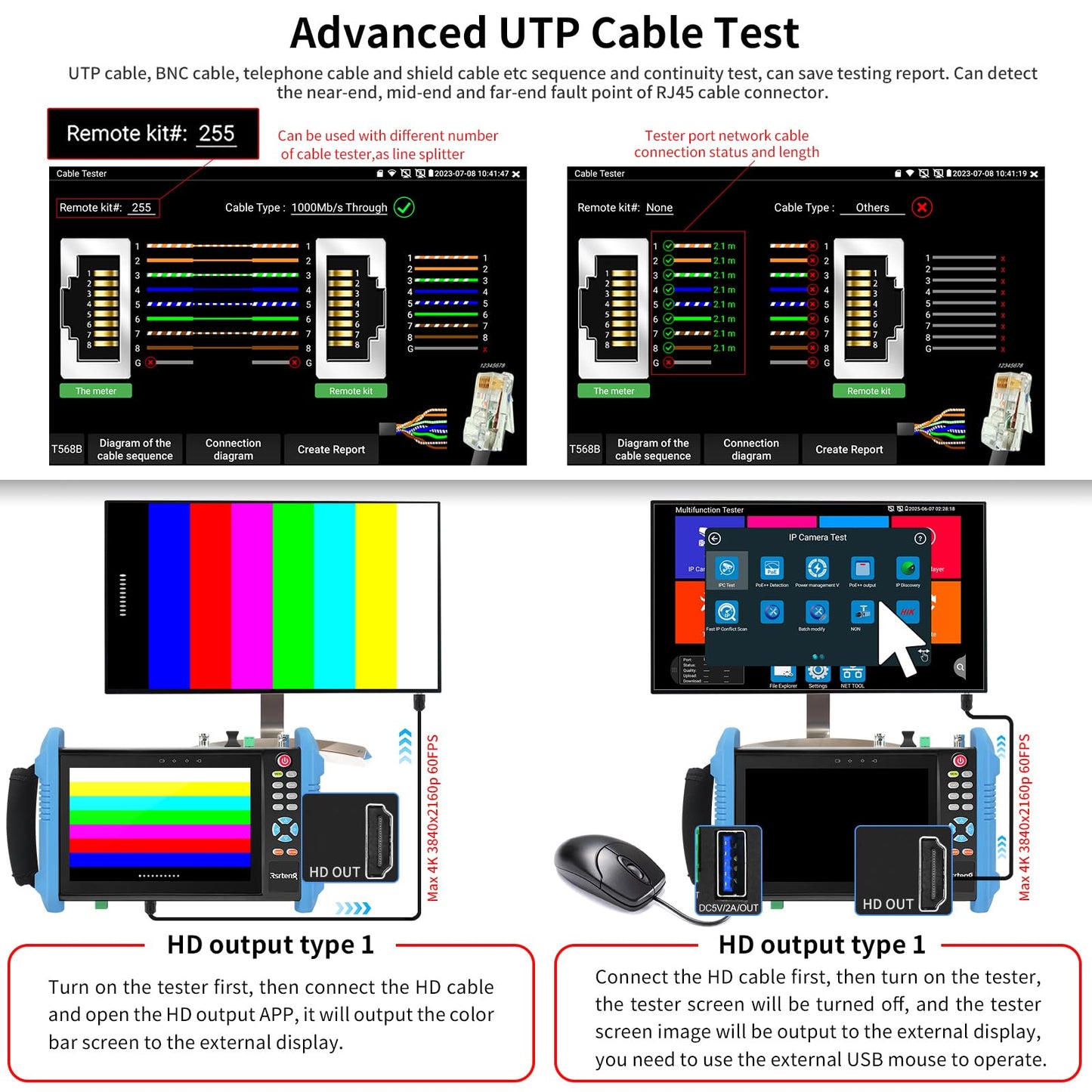 Rsrteng CCTV Camera Tester, 8K 32MP 4K 12MP IP Camera Tester with POE++, CVBS Camera Tester, 1CH SFP Interface 7" IPS Touch Screen Cable Tester Network Tool Support HDMI IPC Tester IPC-9800Pro