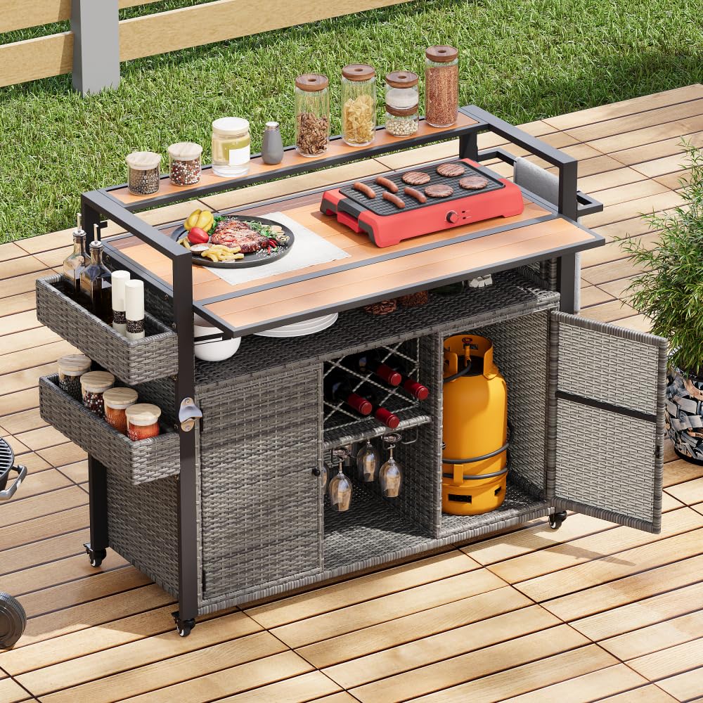 Dfchlda 52.8" Wicker Outdoor Grill Cart with Extended Plastic Wood Table Top, Rolling Kitchen Island with Storage Cabinet, Double Handle Design for Patio, Backyard, Garden, Poolside(Grey)