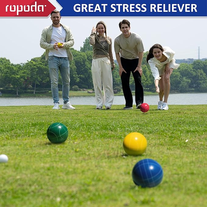 ropoda 107mm Bocce Ball Set Regulation Size and Weight with 8 Resin Bocce Balls, Resin Bocci Balls for Professional Tournament Competition, 60mm Pallino, Nine-Grid Shockproof Carrying Bag(2-8 Players)