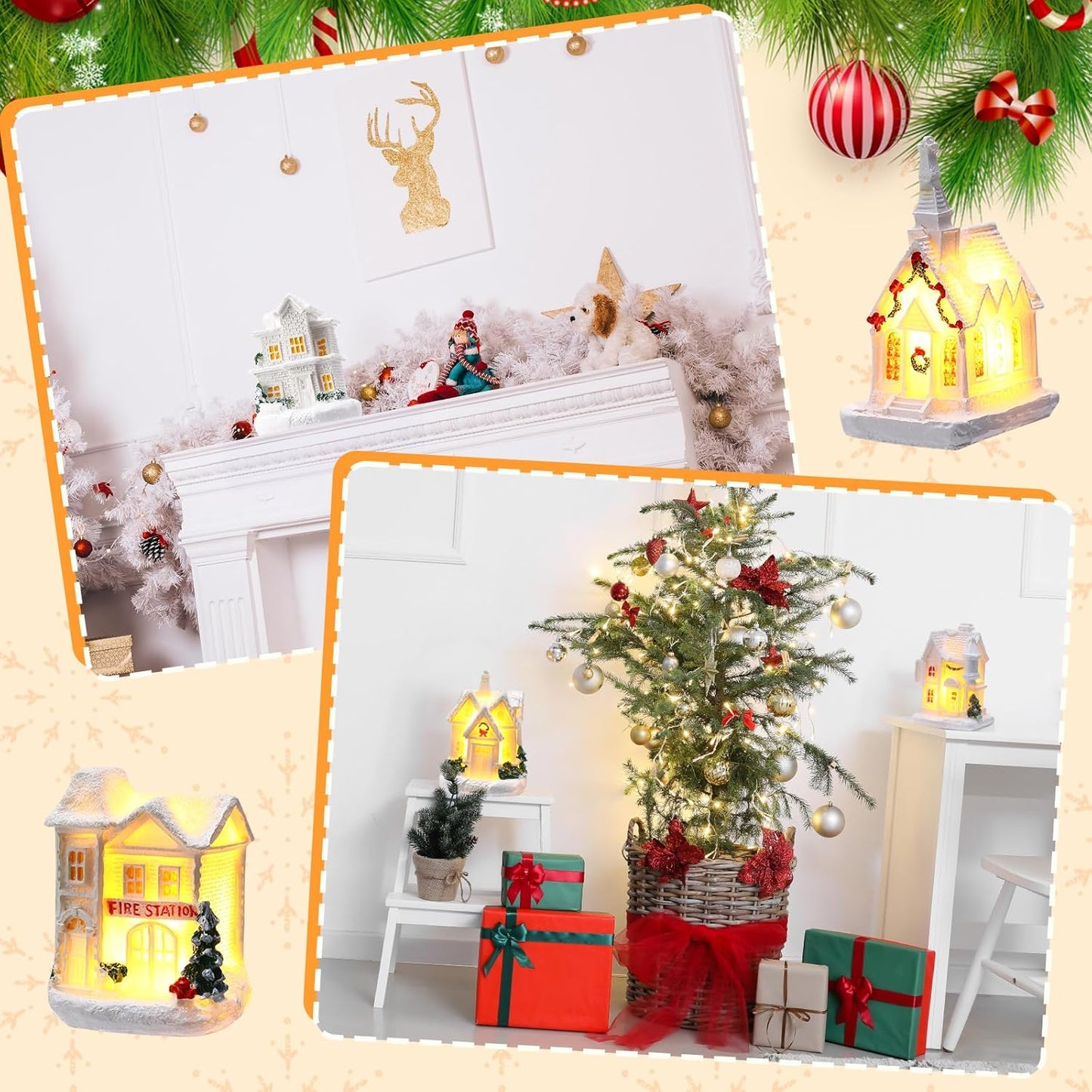 Vinsot 26 Pcs Resin Winter Miniature Village Set - Light Up LED Houses & Pine Trees for Holiday Decor
