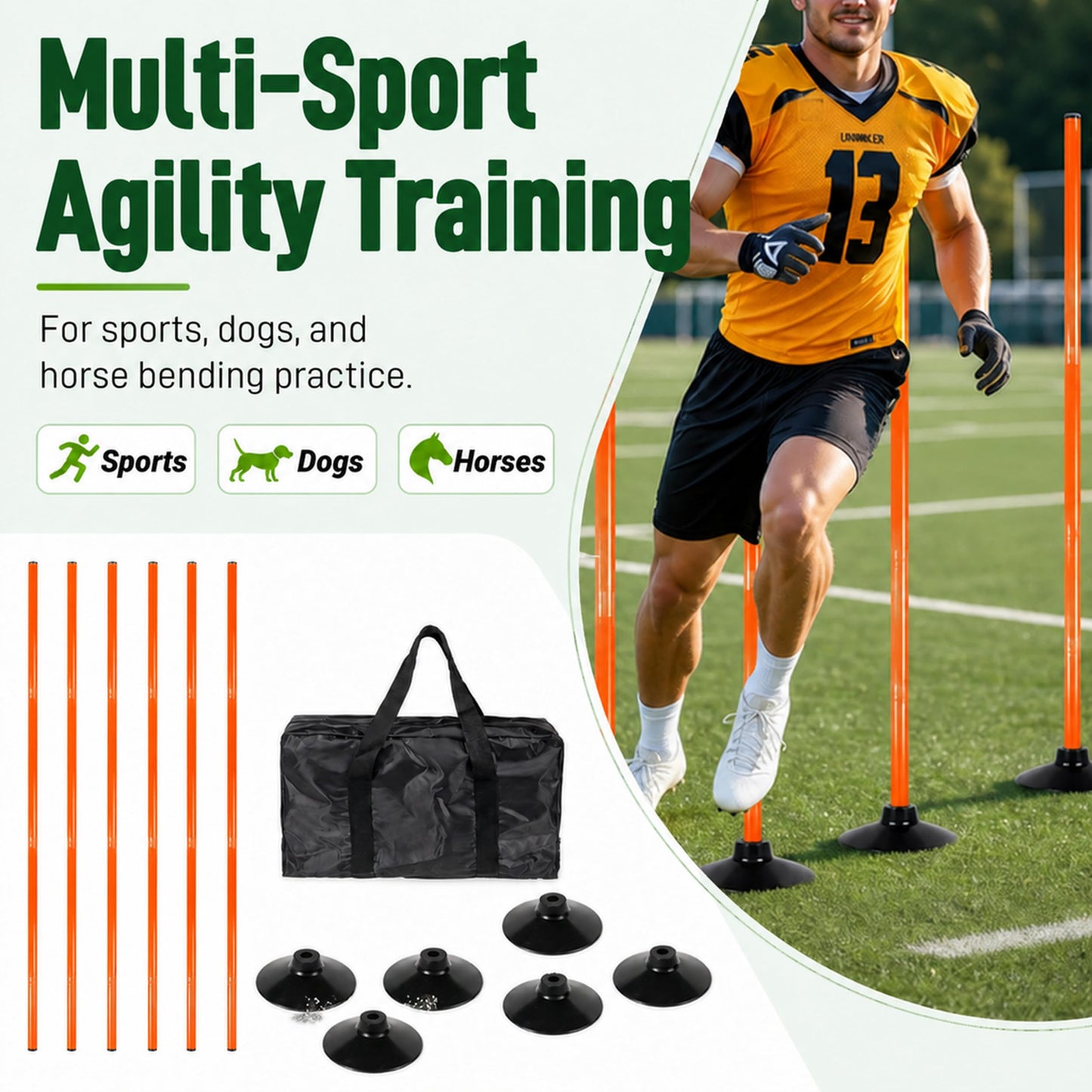 6 Pack Soccer Agility Training Poles, 5 FT Adjustable Speed and Agility Training Equipment for Football/Basketball/ Dog Practice, Bending Poles for Horses with Rubber Bases and Carry Bag (Orange)