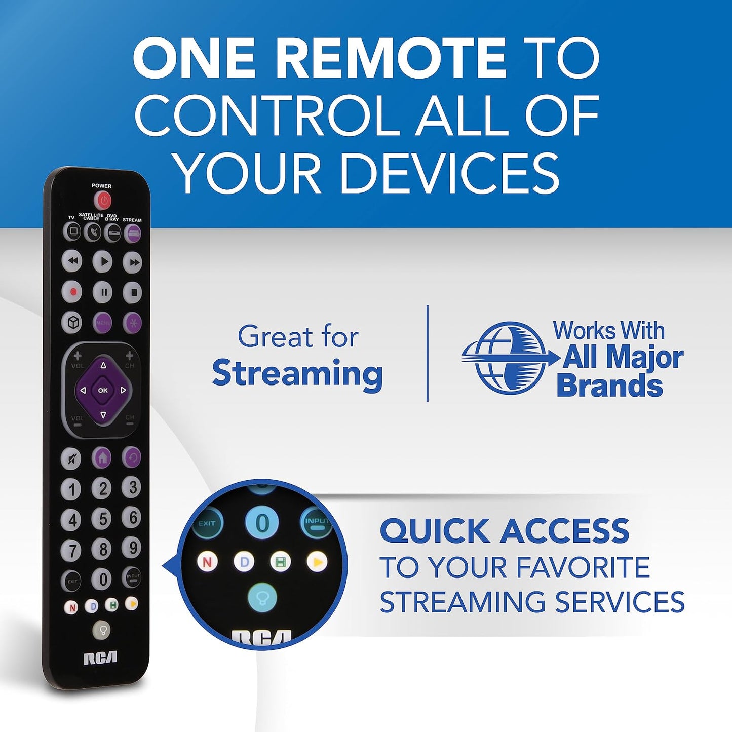 RCA 4-Device Universal Rechargeable Streaming Remote Control for TV, Audio, Soundbar, Streaming Devices, Ultra-Slim