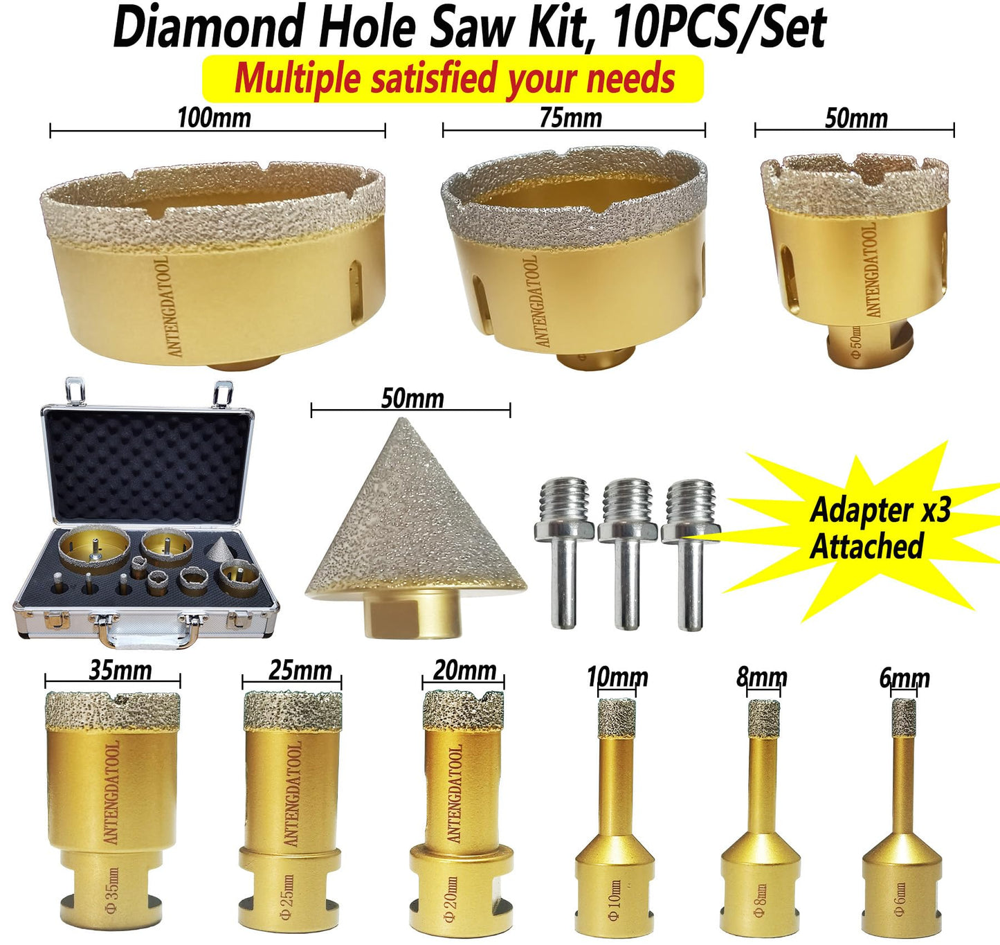 Antengdatool Dry/Wet Diamond Hole Saw Kit, Porcelain Tile Core Drill Bits Set Cutter for Ceramic Marble Brick Granite Stones Angle Grinder(6/8/10/20/25/35/50/75/100,50mm)