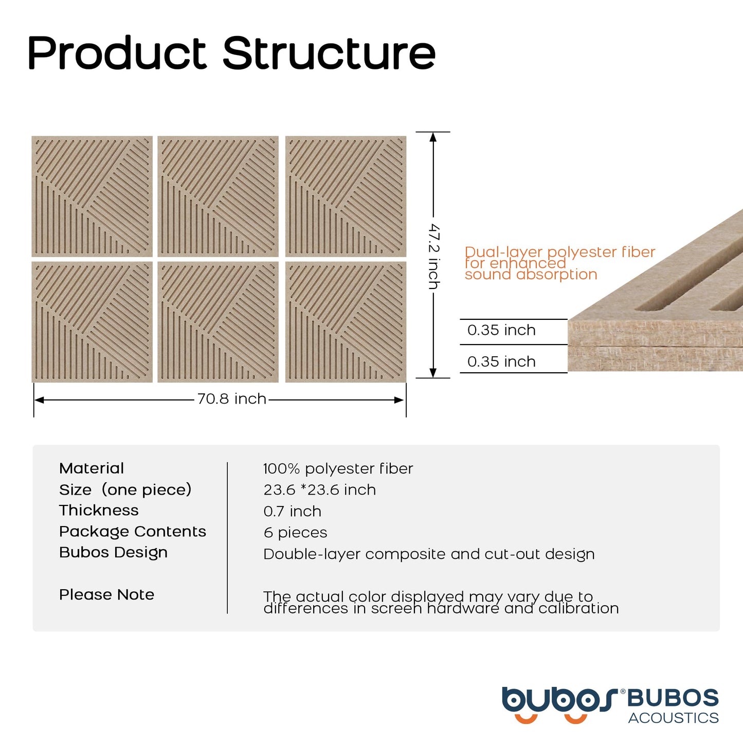 BUBOS Acoustic Panels Soundproof Wall Panels, Thick Double-Layer Sound Absorbing Decor, Twill-Patterned 3D Design, Spike Nail Mount for Recording Studio & Home Theater, 23.6"x23.6", 6 Pack,Camel