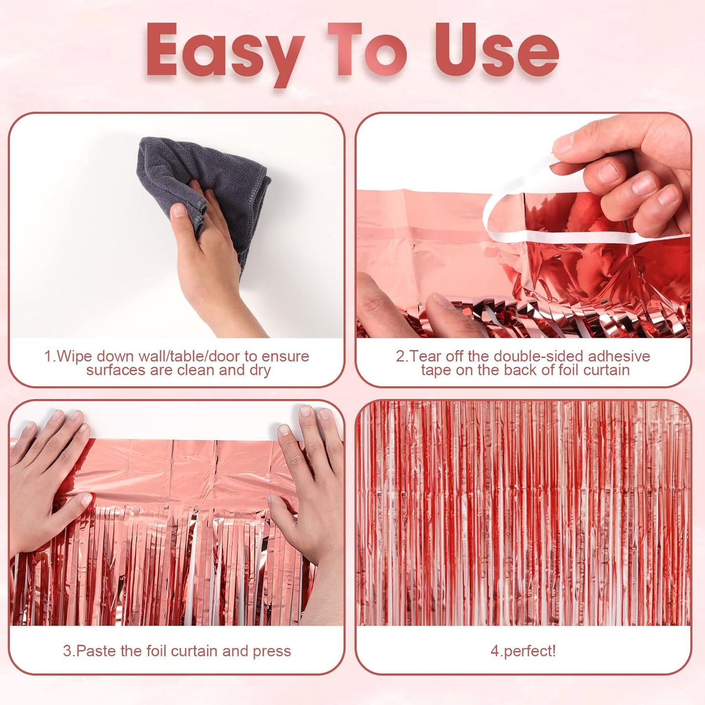 Voircoloria Rose Gold Foil Fringe Backdrop Curtains - 3 Pack Tinsel Streamers for Parties & Events