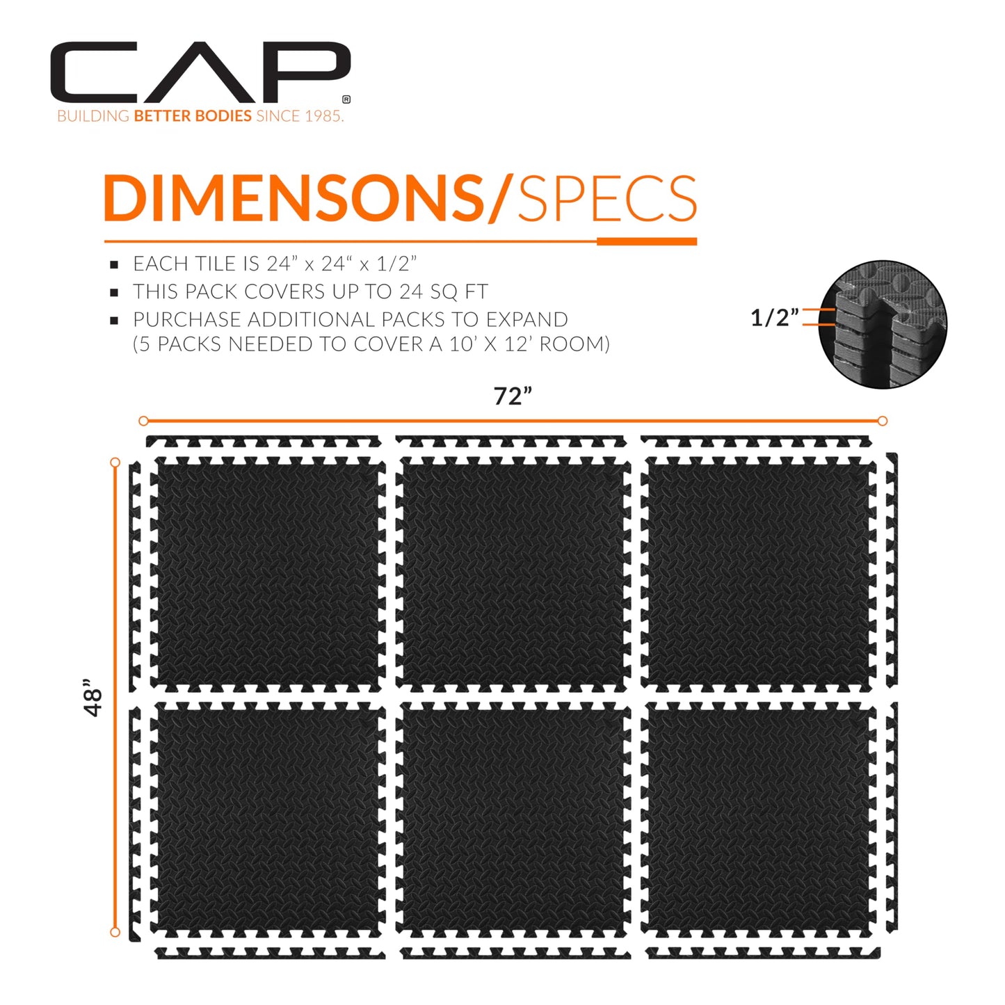 CAP Barbell 1/2-Inch Interlocking EVA Foam Exercise Puzzle Mat Home Gym Flooring - 1 Pack | 24" x 24" x 1/2" | Diamond Pattern - Black
