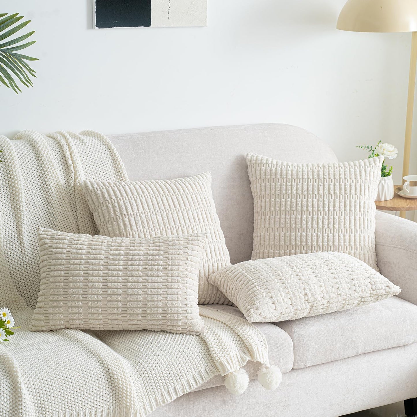 Skiennix Corduroy Throw Pillow Covers - Soft Boho Striped Design | 18x18 Inch Cream White for Modern Home Decor